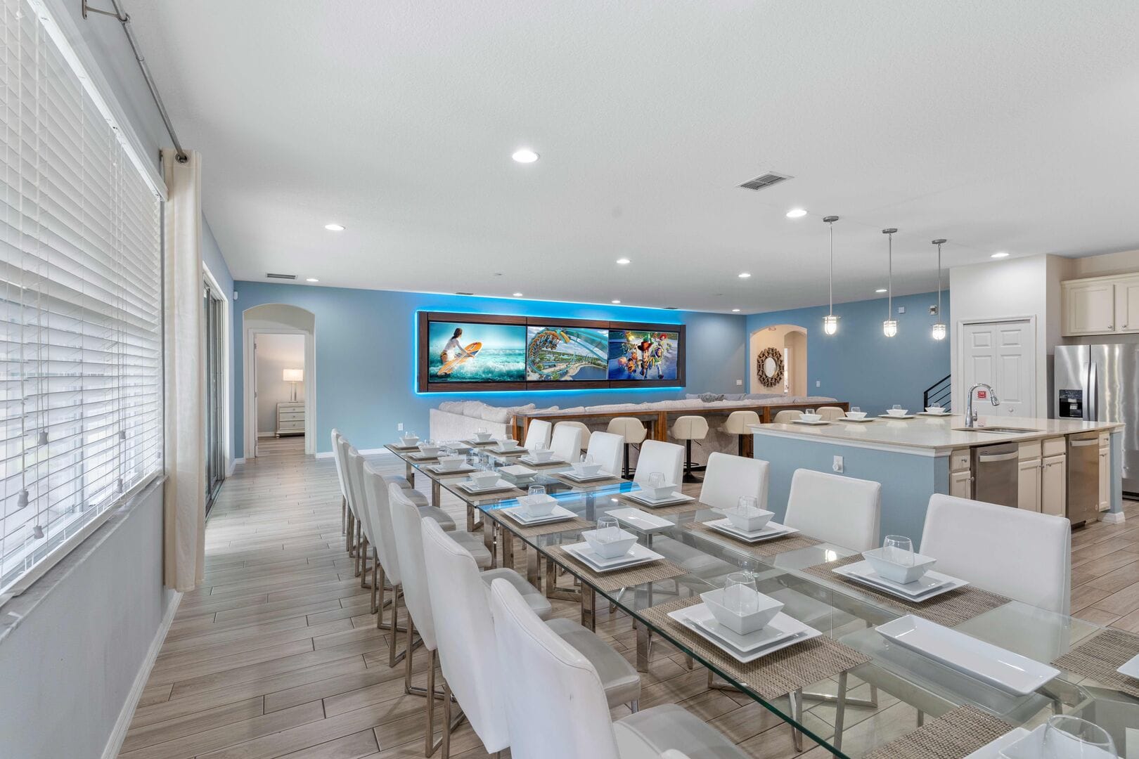 Modern kitchen and dining area.