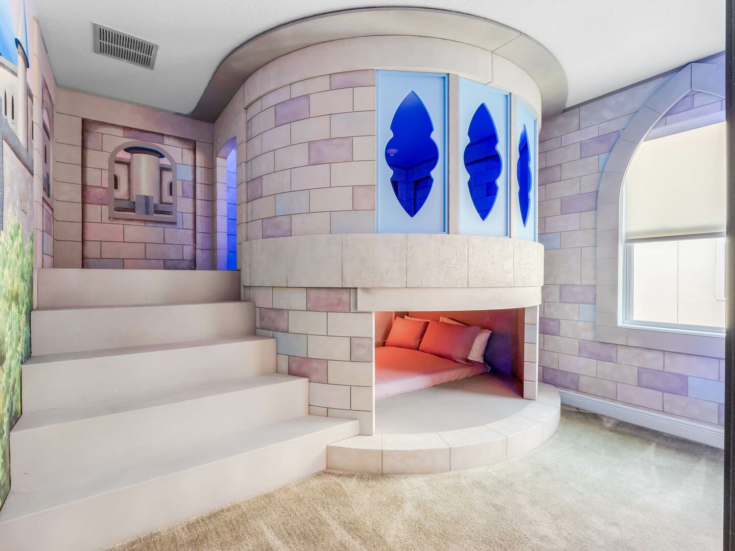 Fantasy castle-themed room with stairs.