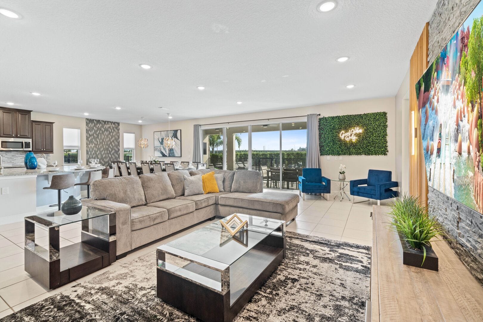 Spacious modern living room and kitchen.