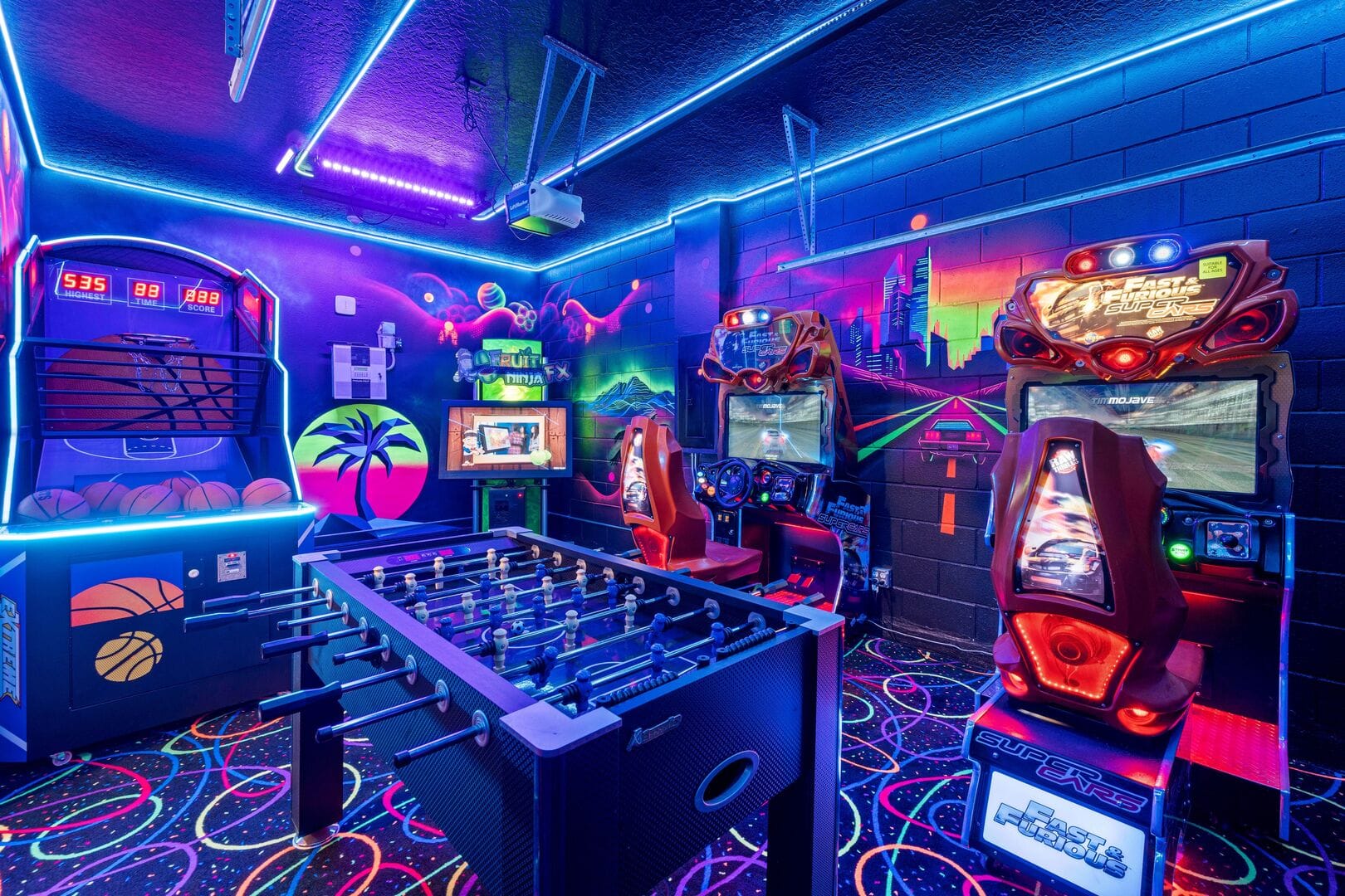 Neon-lit arcade with various games.