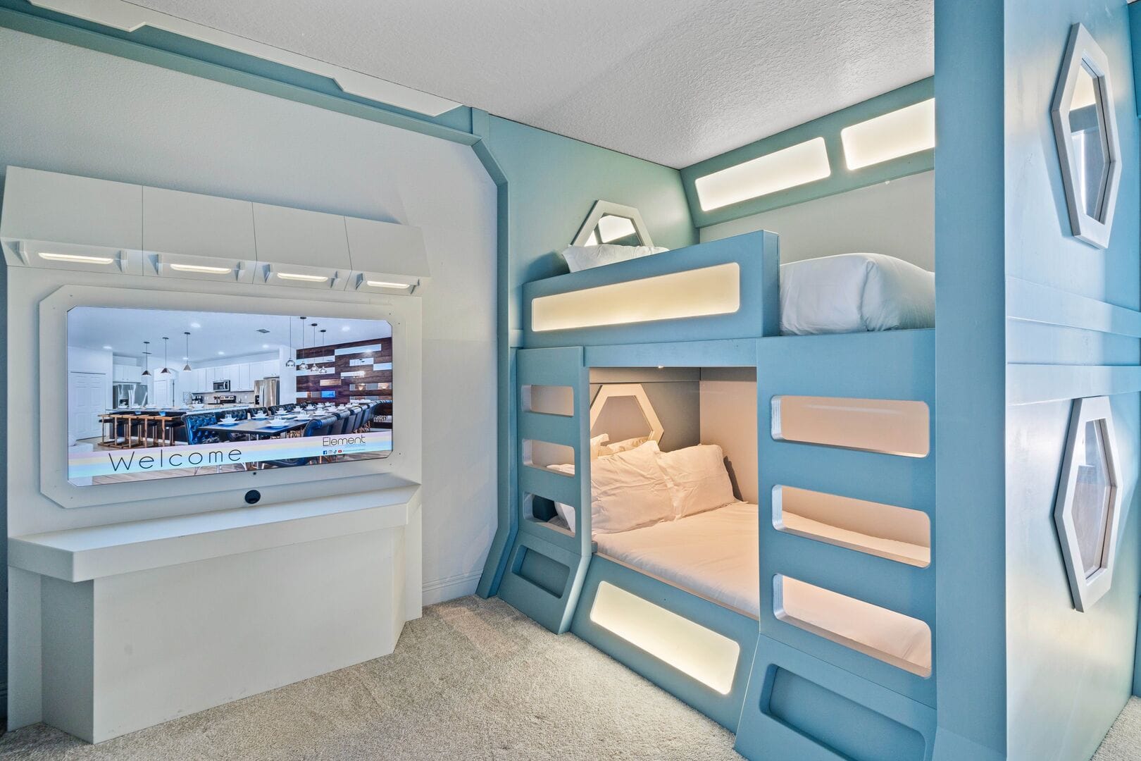 Futuristic bunk bed and screen.