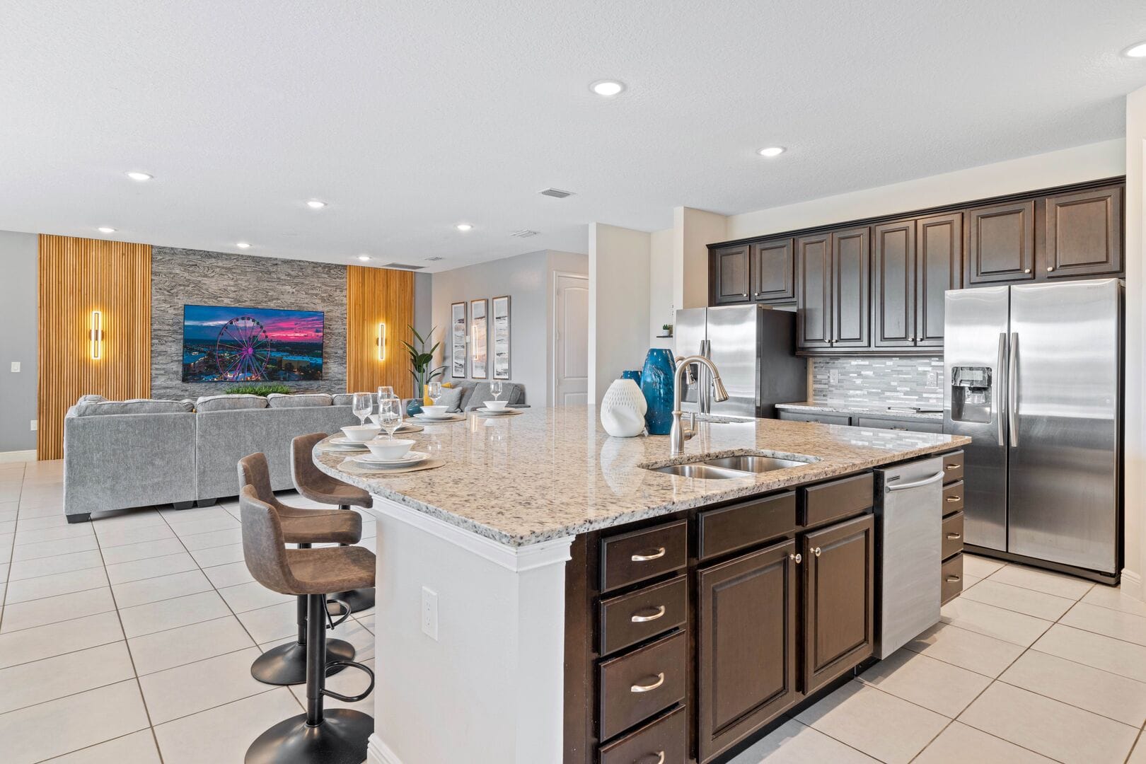 Modern kitchen and living room combo.