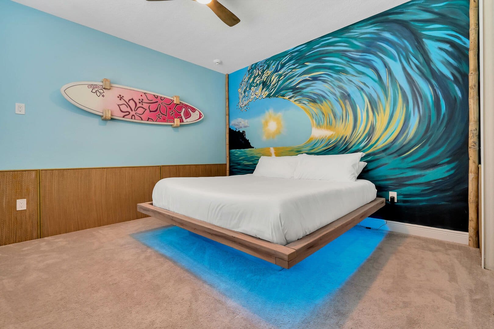 Bedroom with surf decor theme.