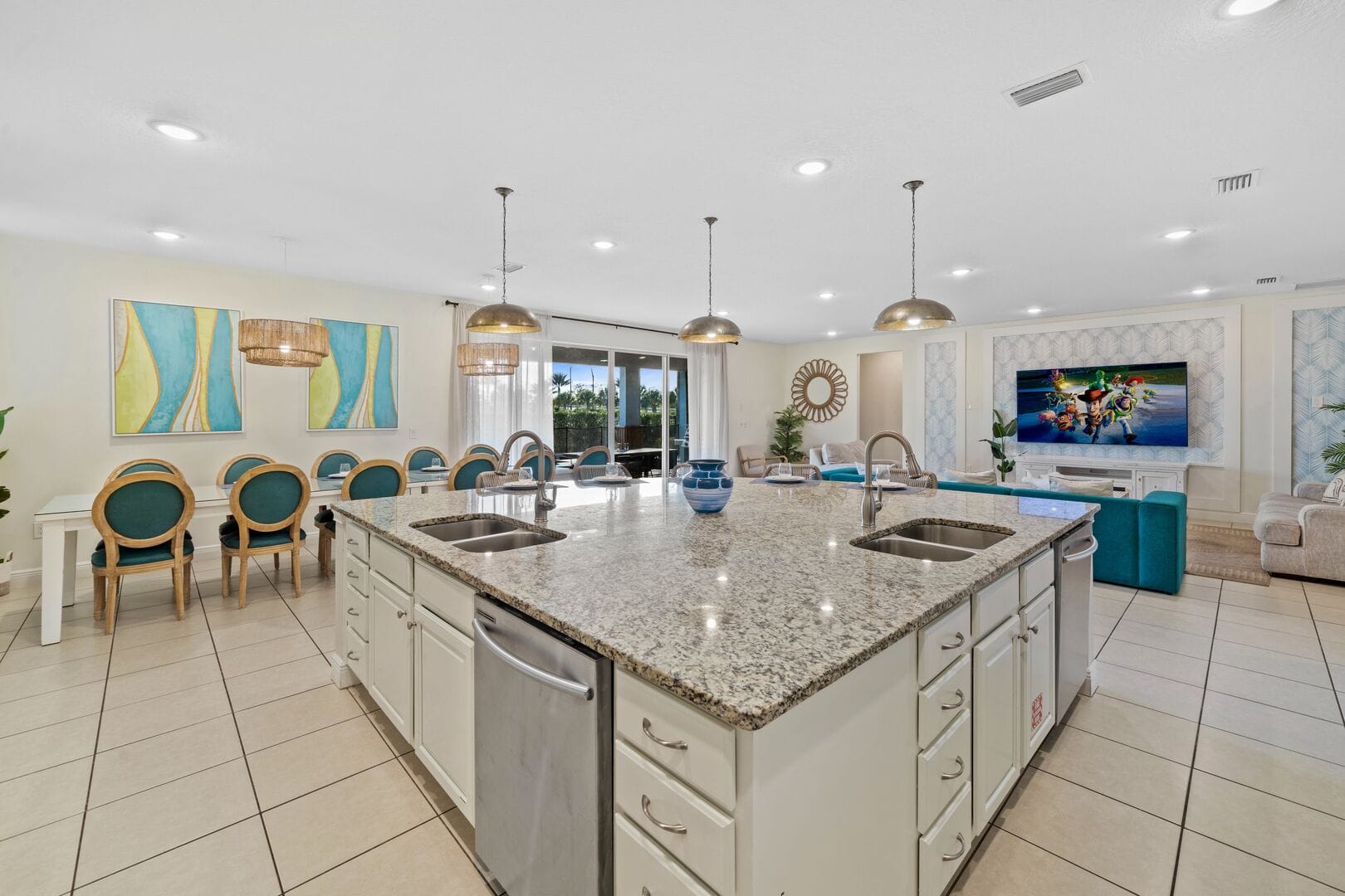 Modern open-concept kitchen and living area.