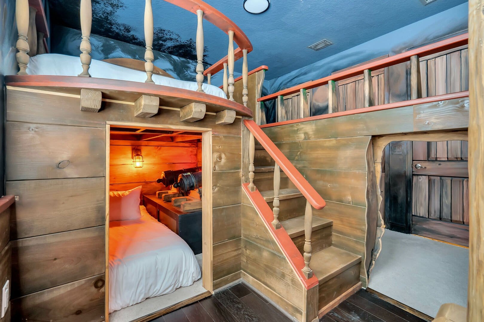 Pirate-themed wooden bunk beds.