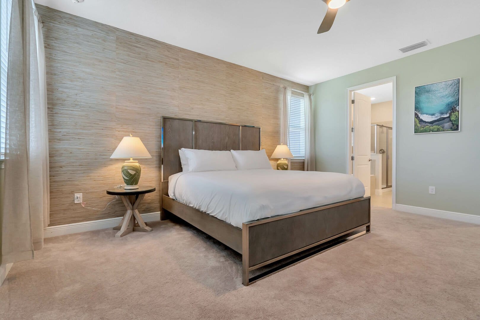 Modern bedroom with bathroom entrance.