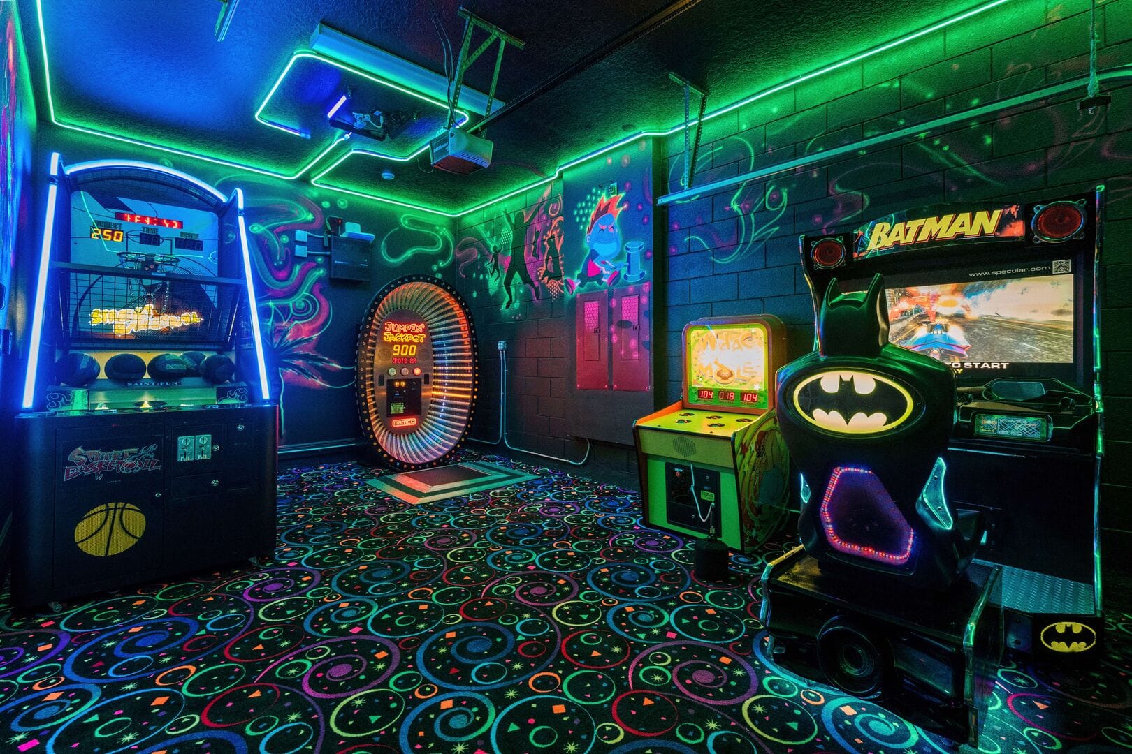 Neon-lit arcade game room