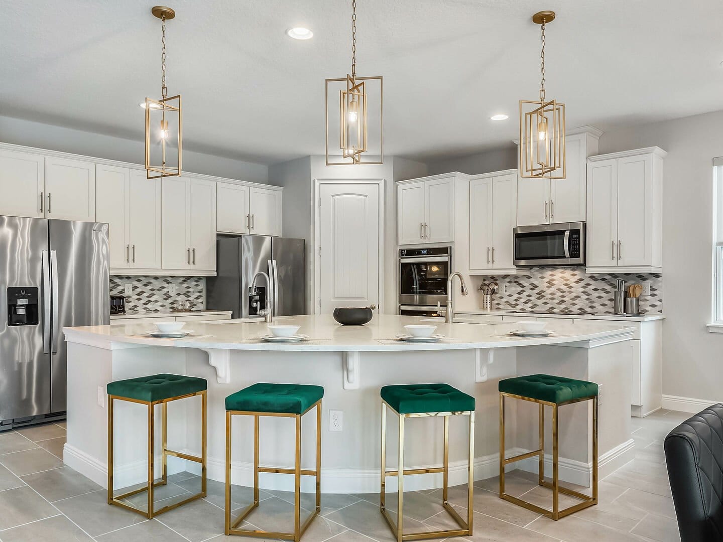 Modern kitchen with island seating.