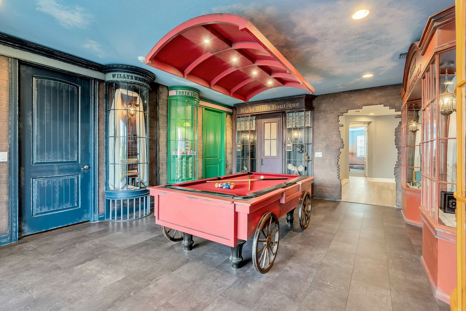 Vintage store-themed room with pool table