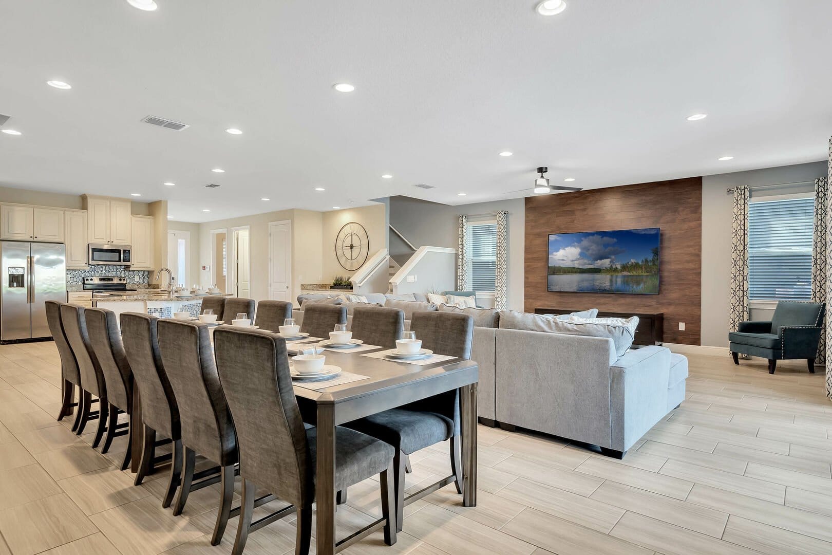 Modern open-plan dining and living area.