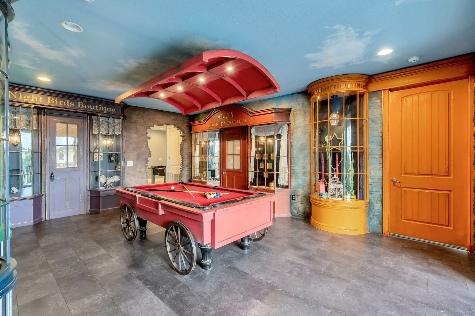 Whimsical room with pool table.