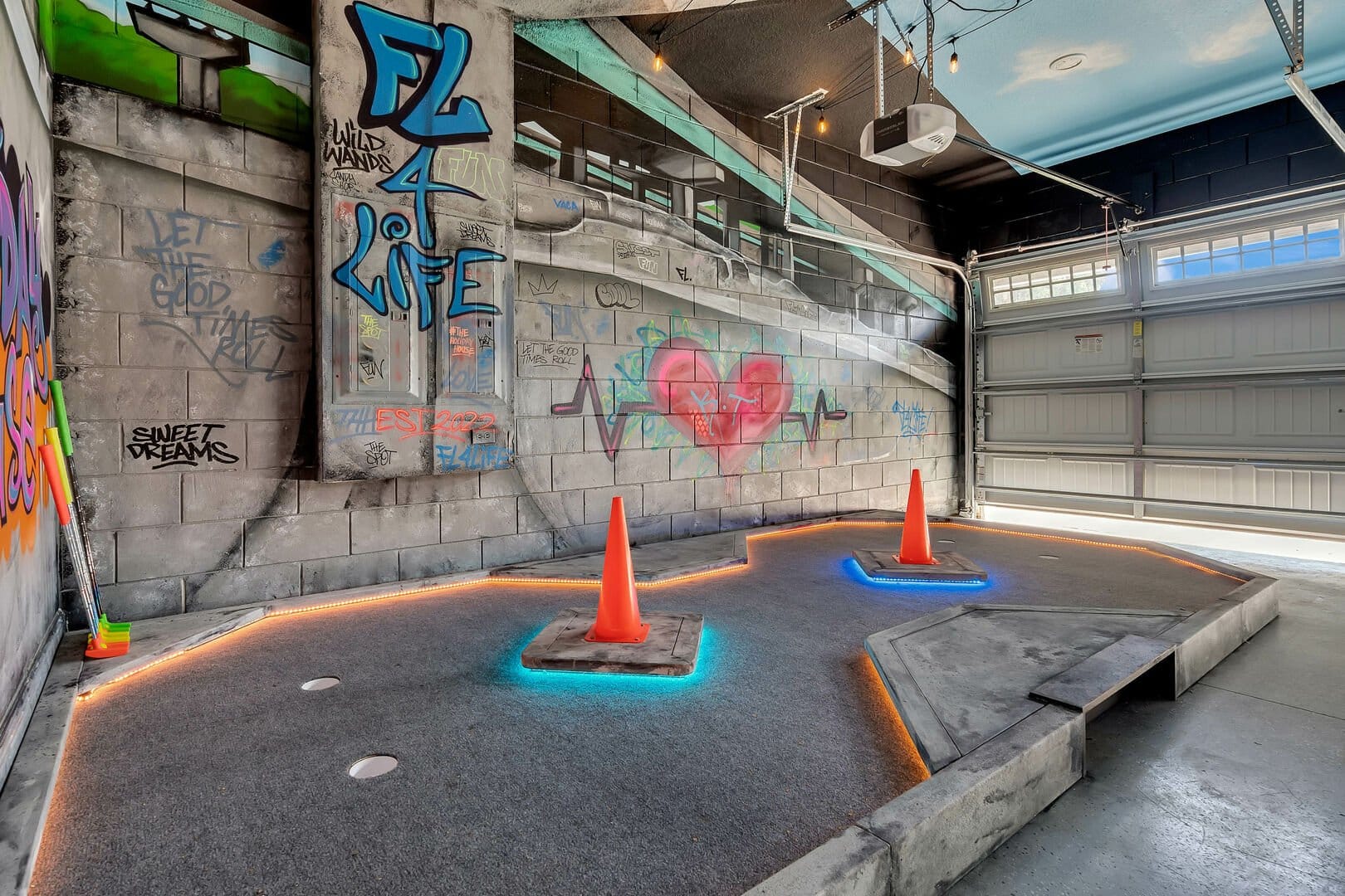 Graffiti garage with mini-golf course.