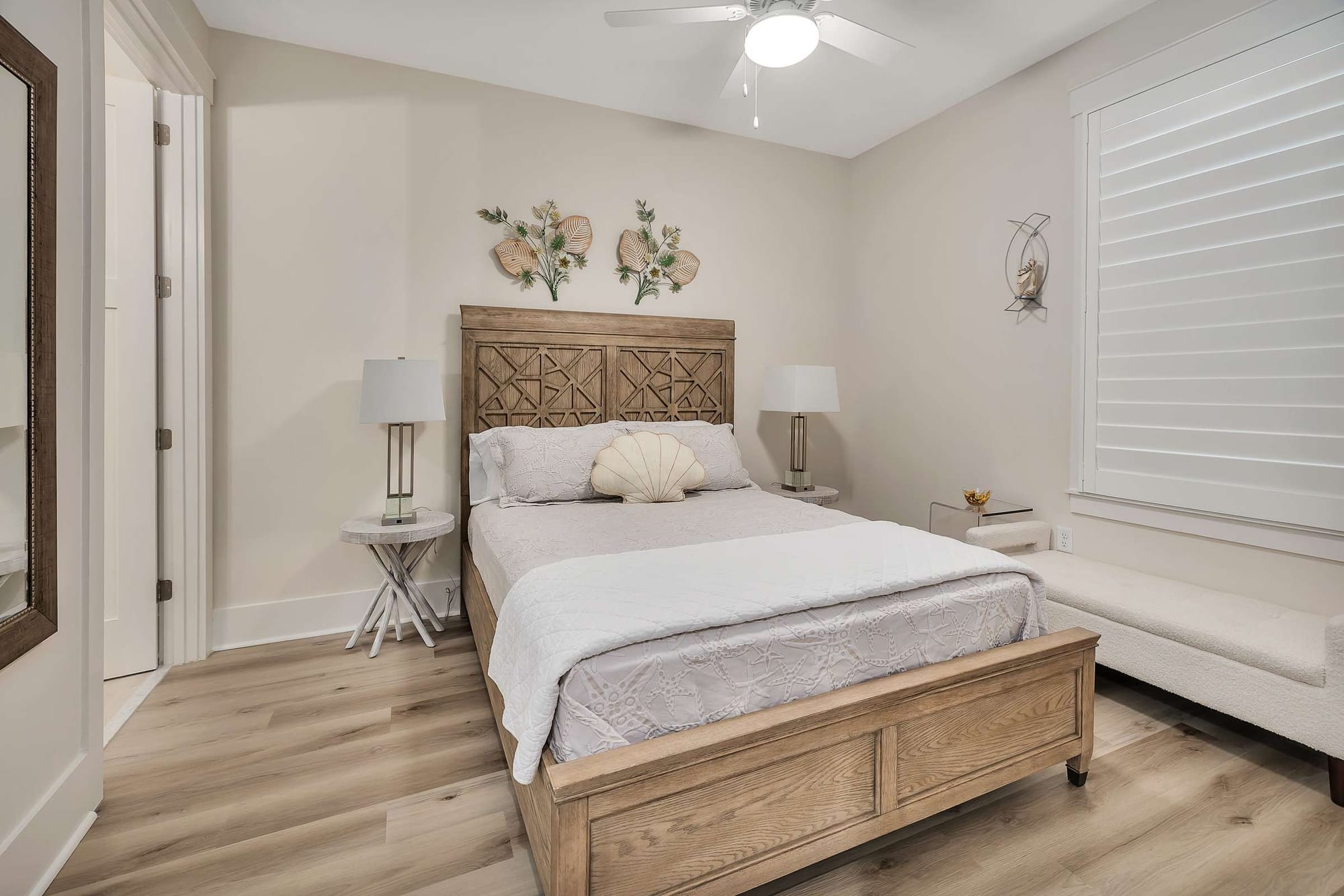 Cozy bedroom with wooden furnishings.