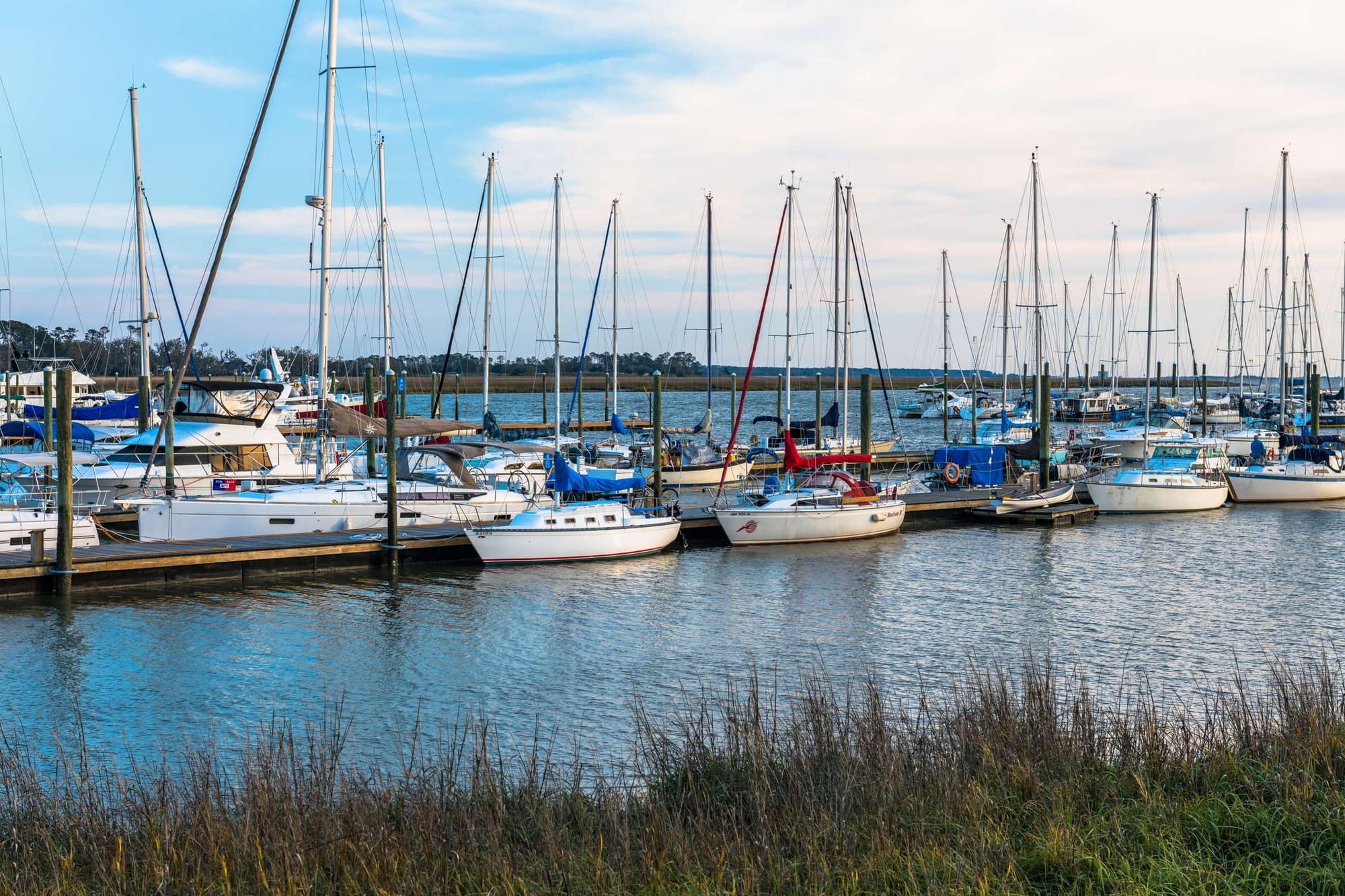 Marina with boats and sailboats.