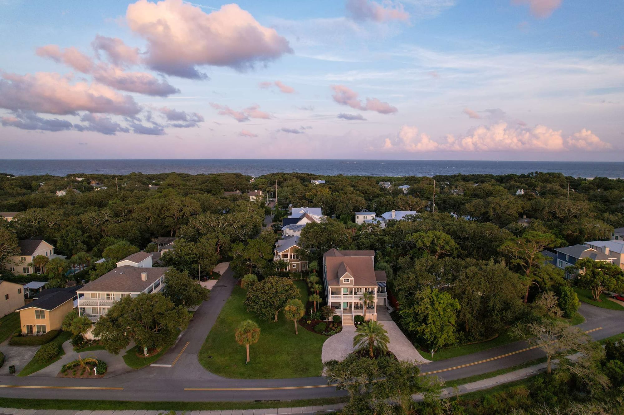 Aerial view of coastal neighborhood.