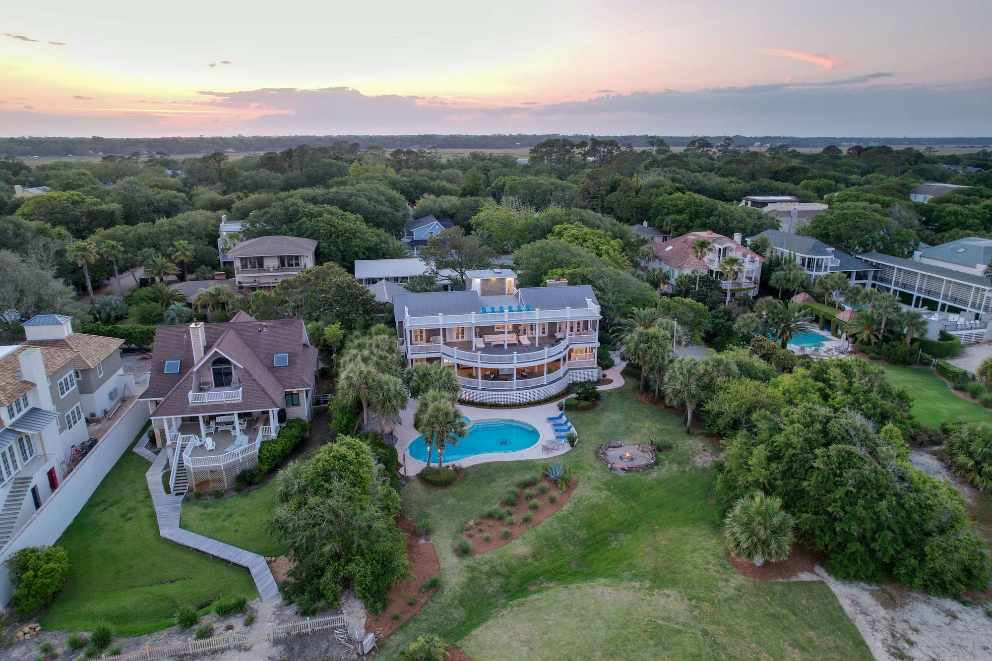 Luxury house with pool, aerial view.