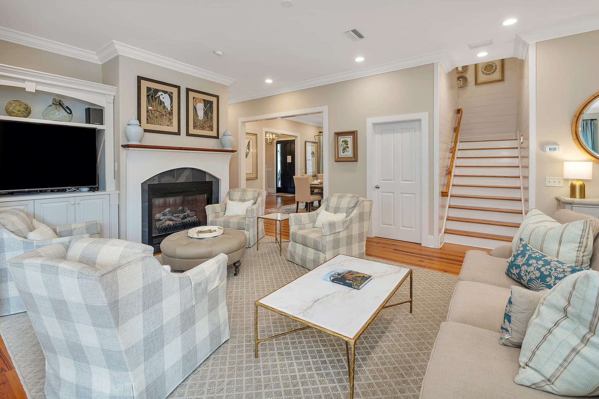 Cozy living room with fireplace.