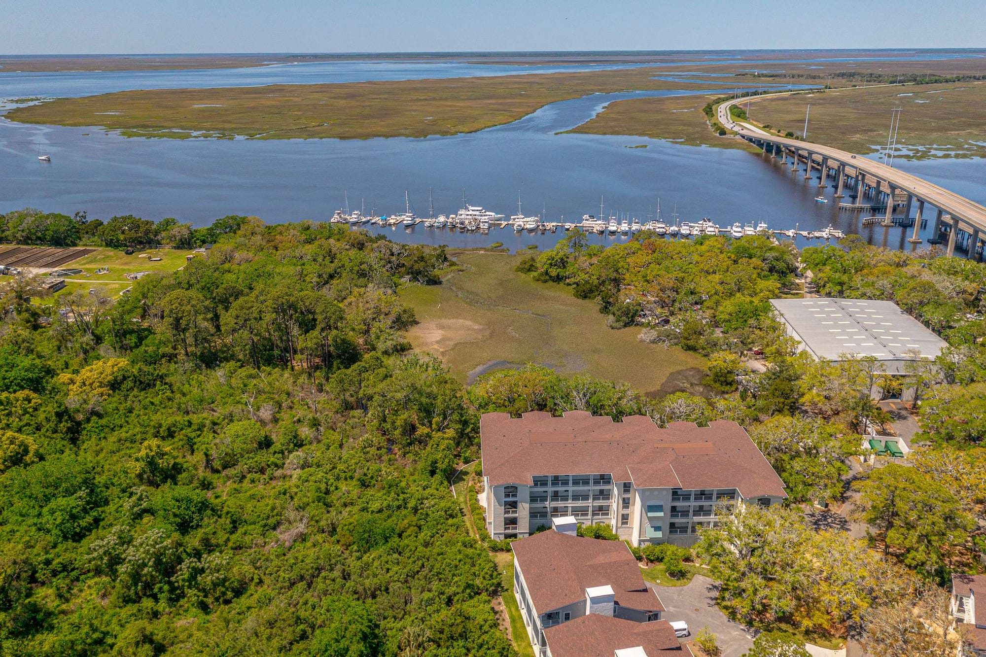 Aerial view of a marina.