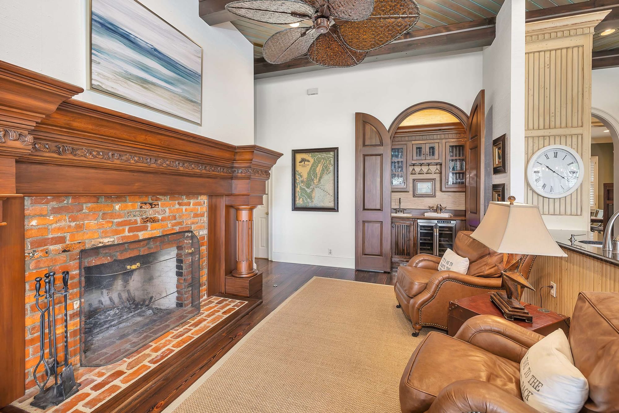 Cozy living room with fireplace.