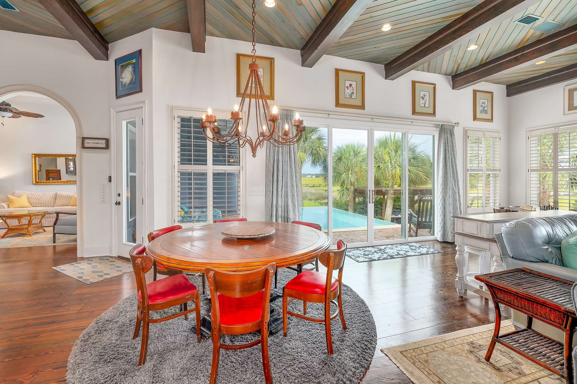 Dining room with pool view.