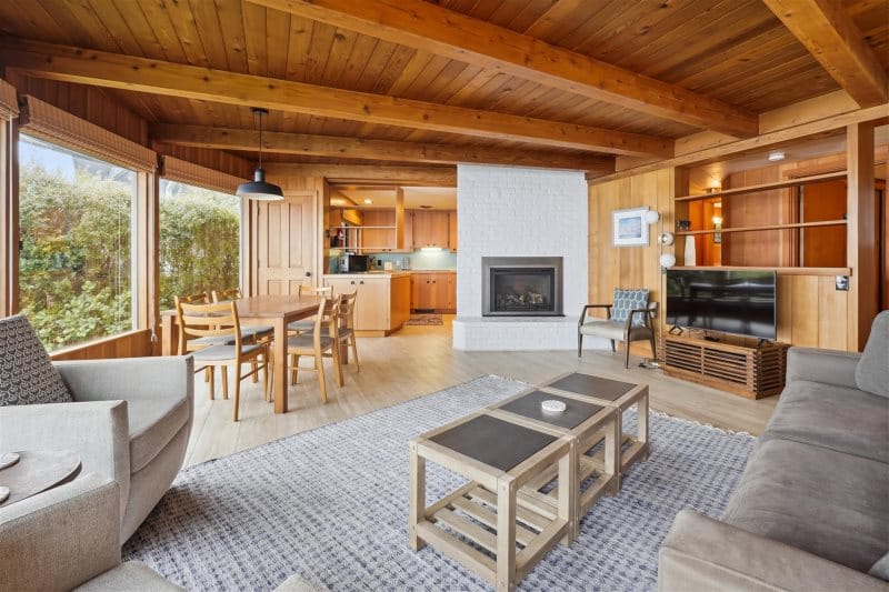 Cozy wooden living room interior.