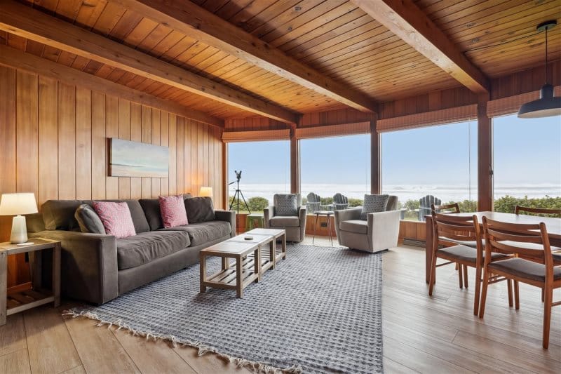 Cozy wooden living room interior.