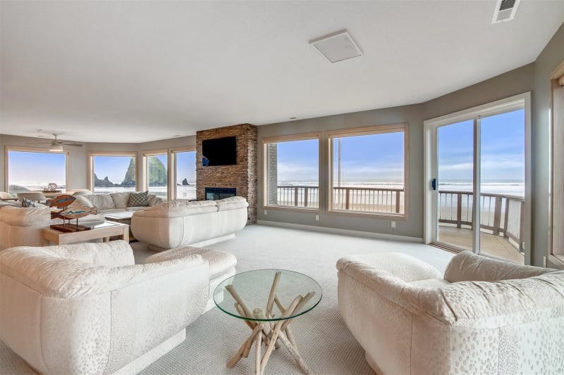 Spacious living room with ocean view.