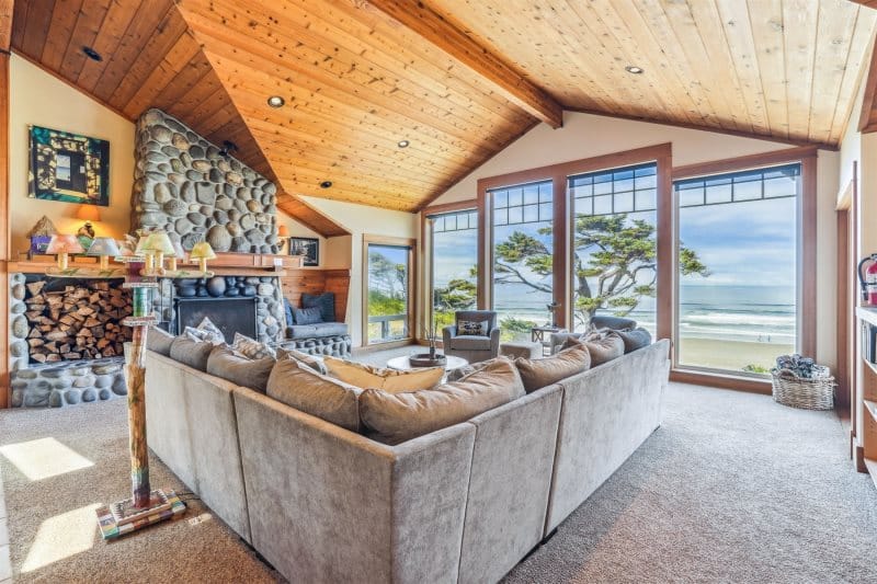 Cozy seaside living room view.