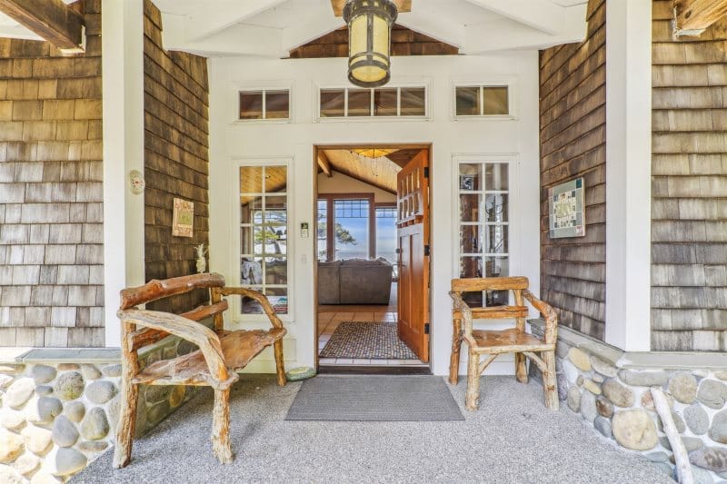 Rustic porch with ocean view.