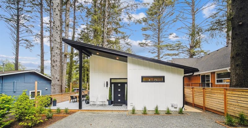 Modern house with slanted roof.