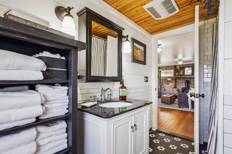 Bathroom with towels and vanity.