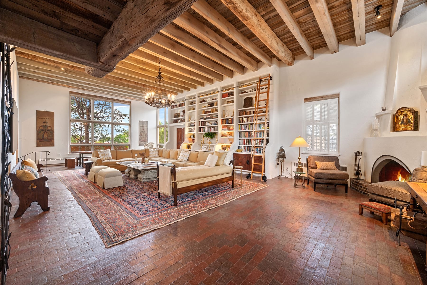 Spacious living room with bookshelves.