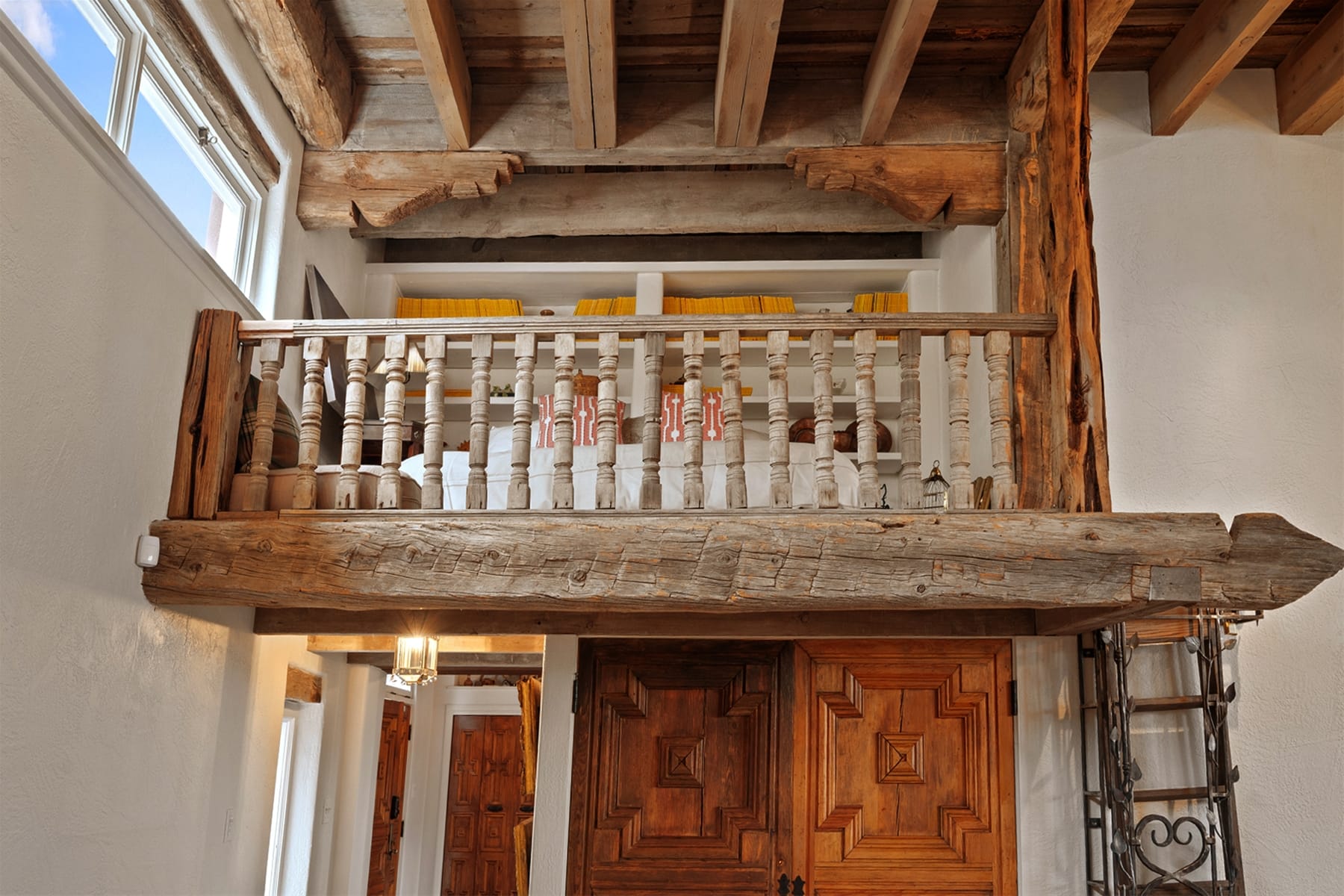 Rustic loft with wooden beams.