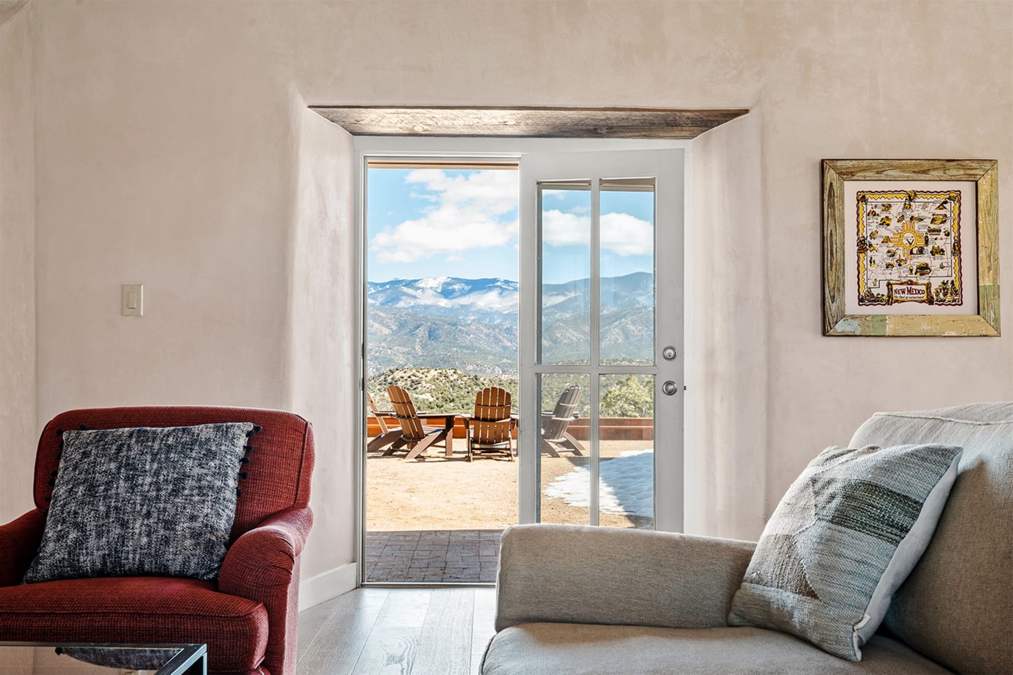 Mountain view through living room doorway.