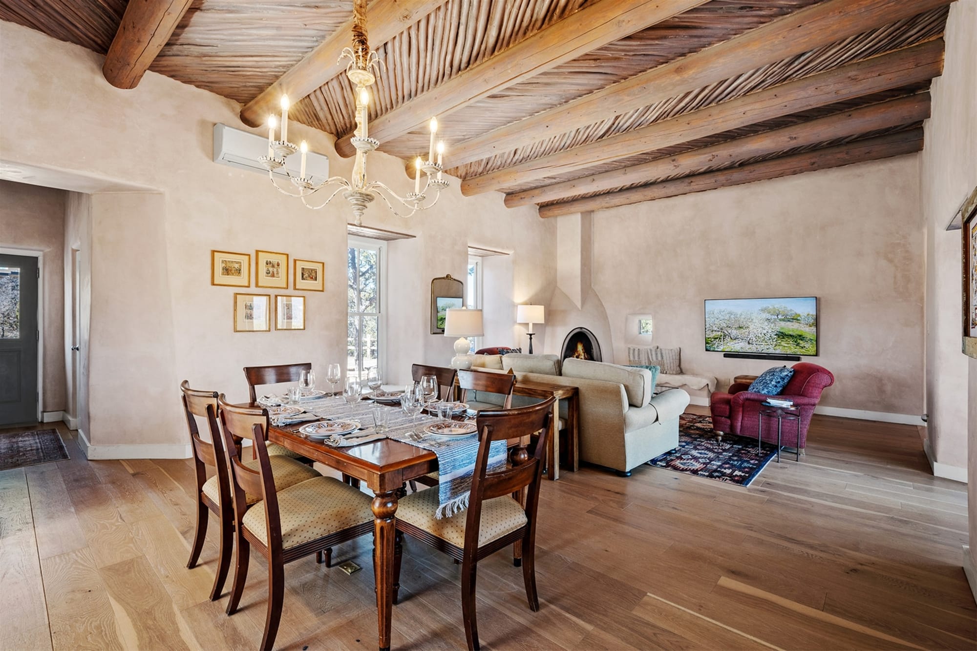 Rustic dining and living room space.