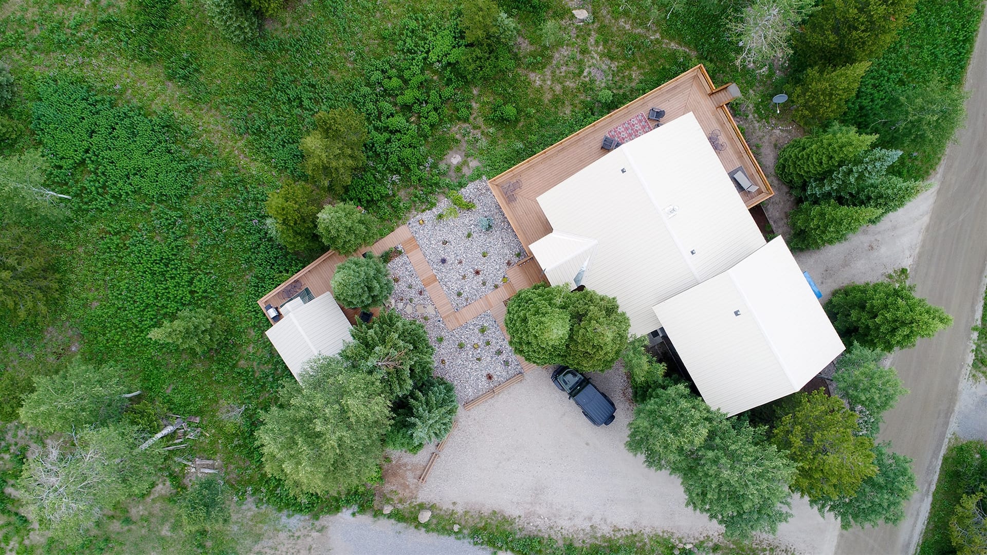 Aerial view of house and garden.