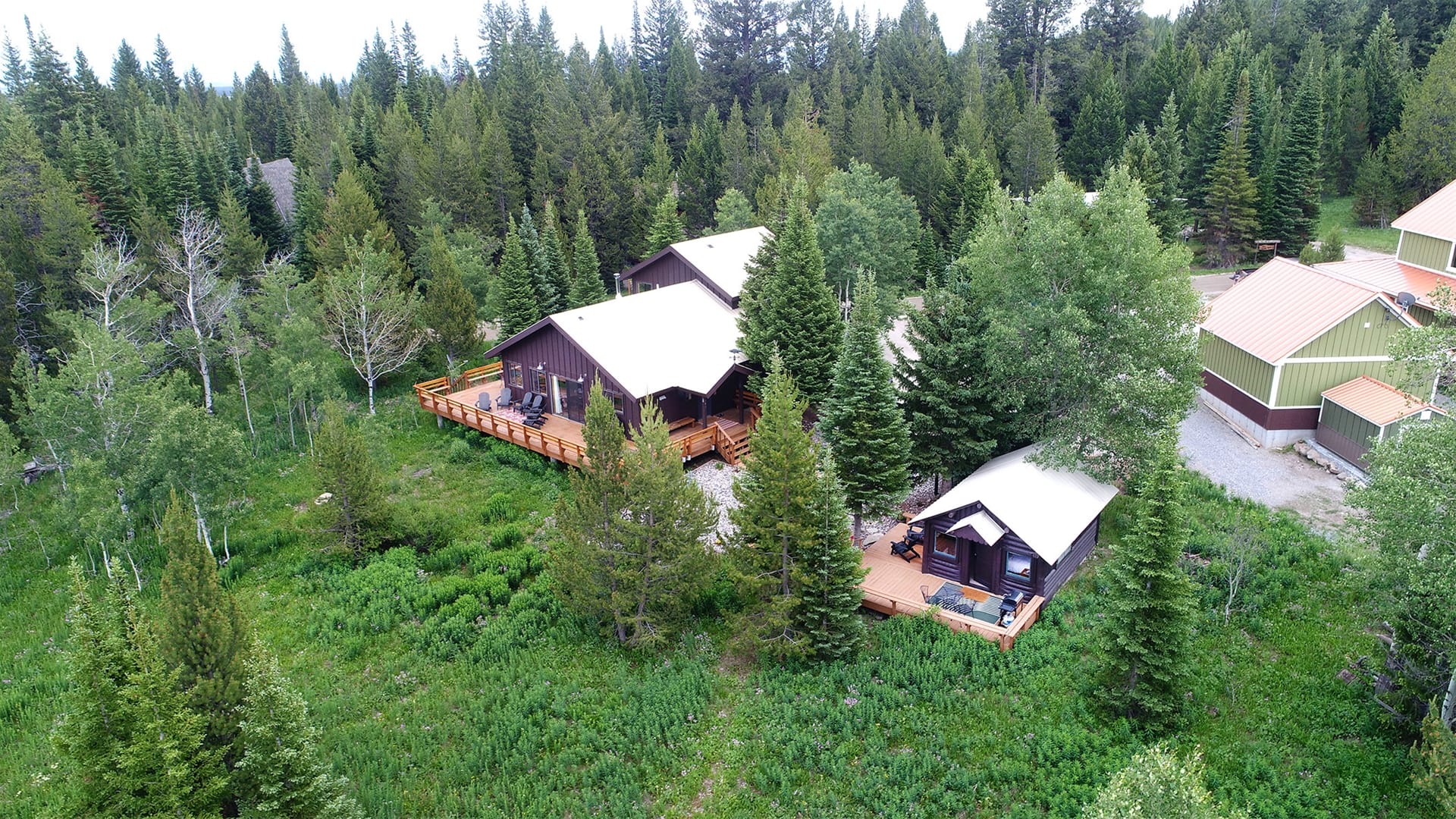 Cabins surrounded by dense forest.