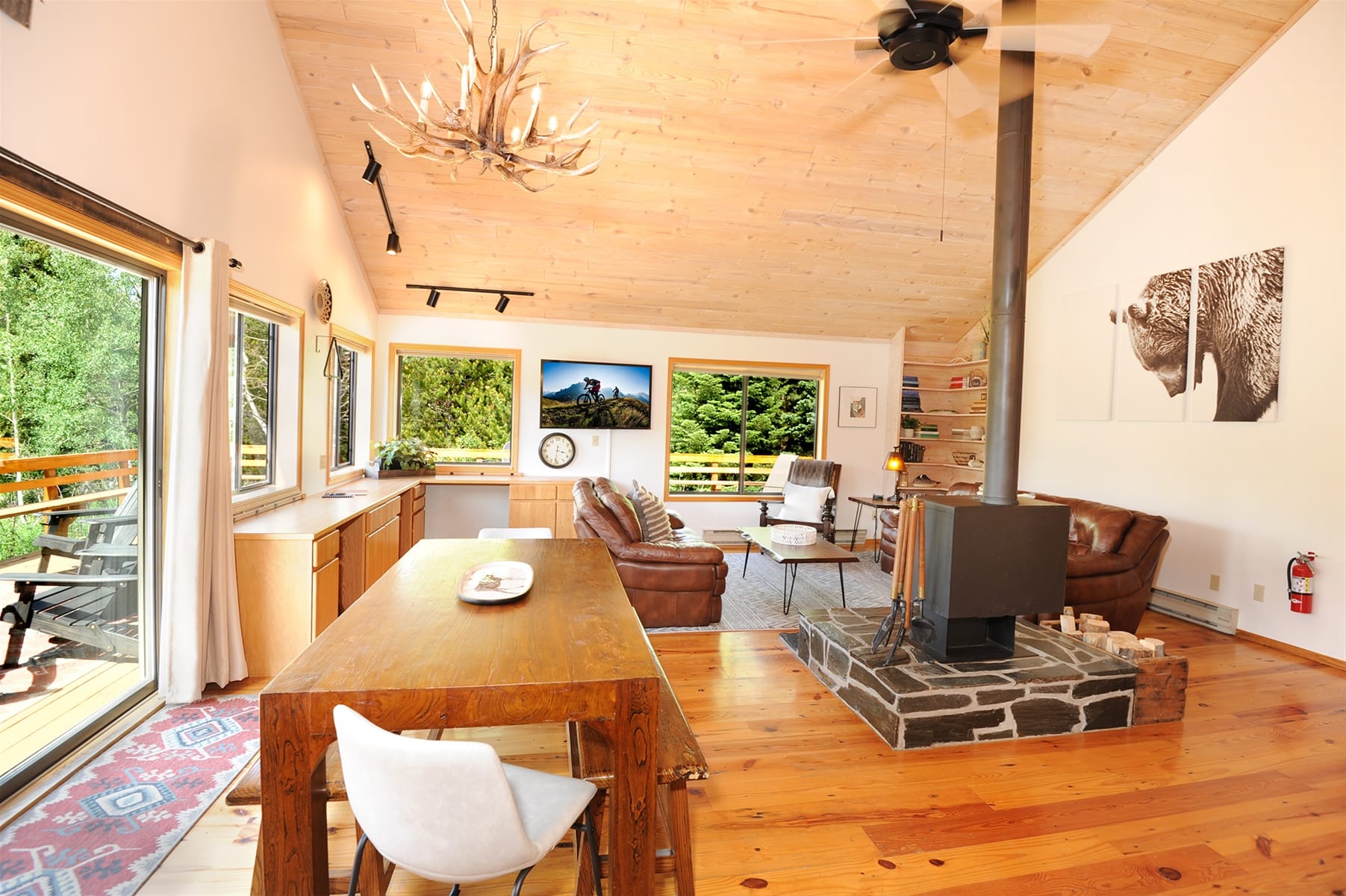 Modern rustic living room with fireplace.