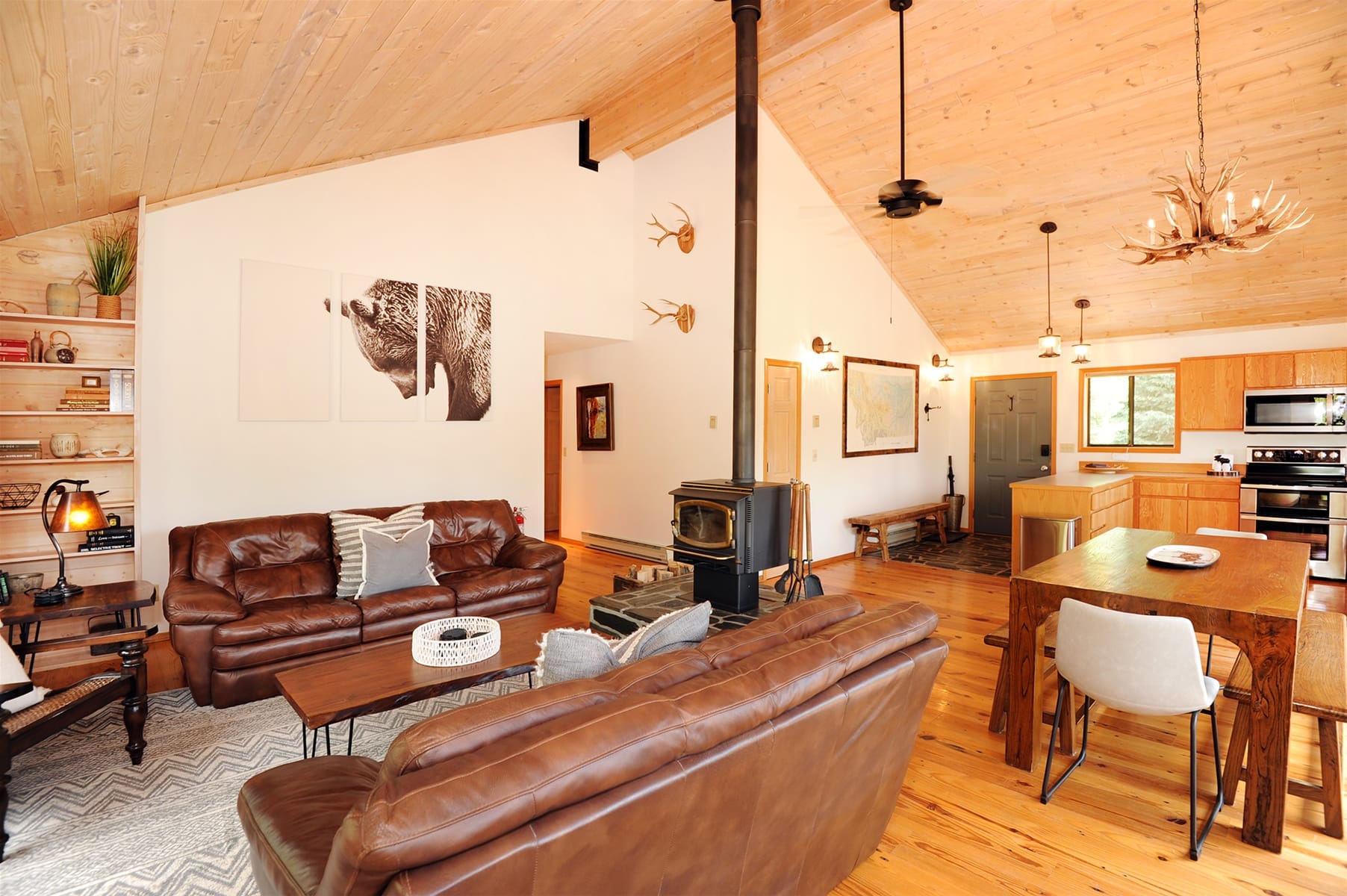 Cozy cabin interior with wood stove.