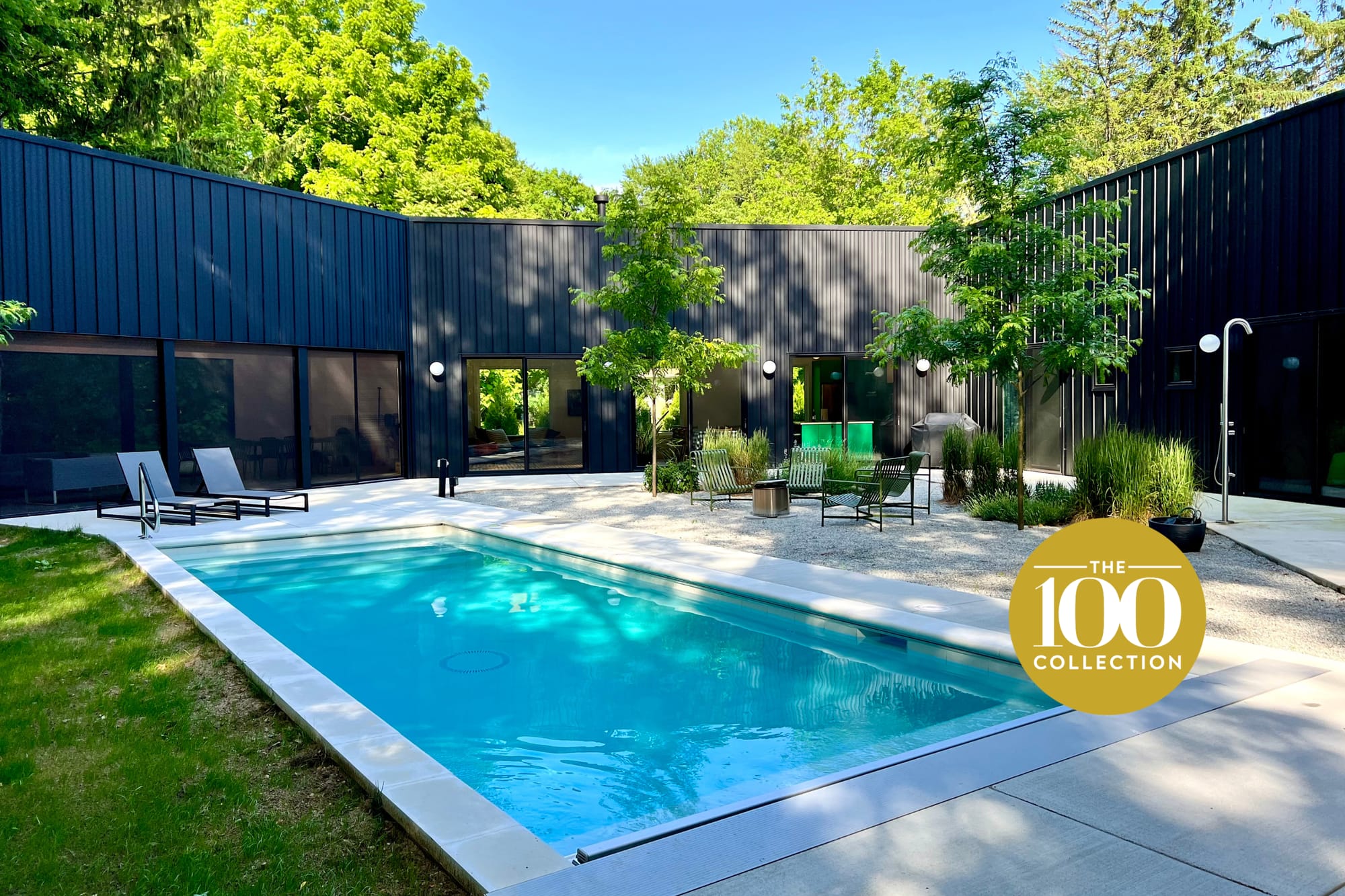 Modern patio with swimming pool.