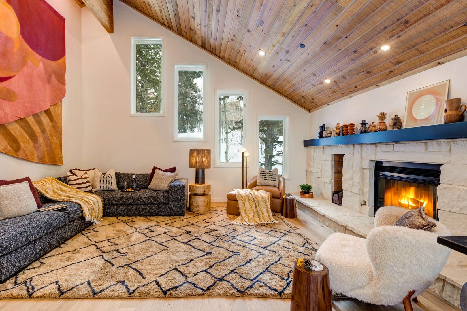 Cozy living room with fireplace.