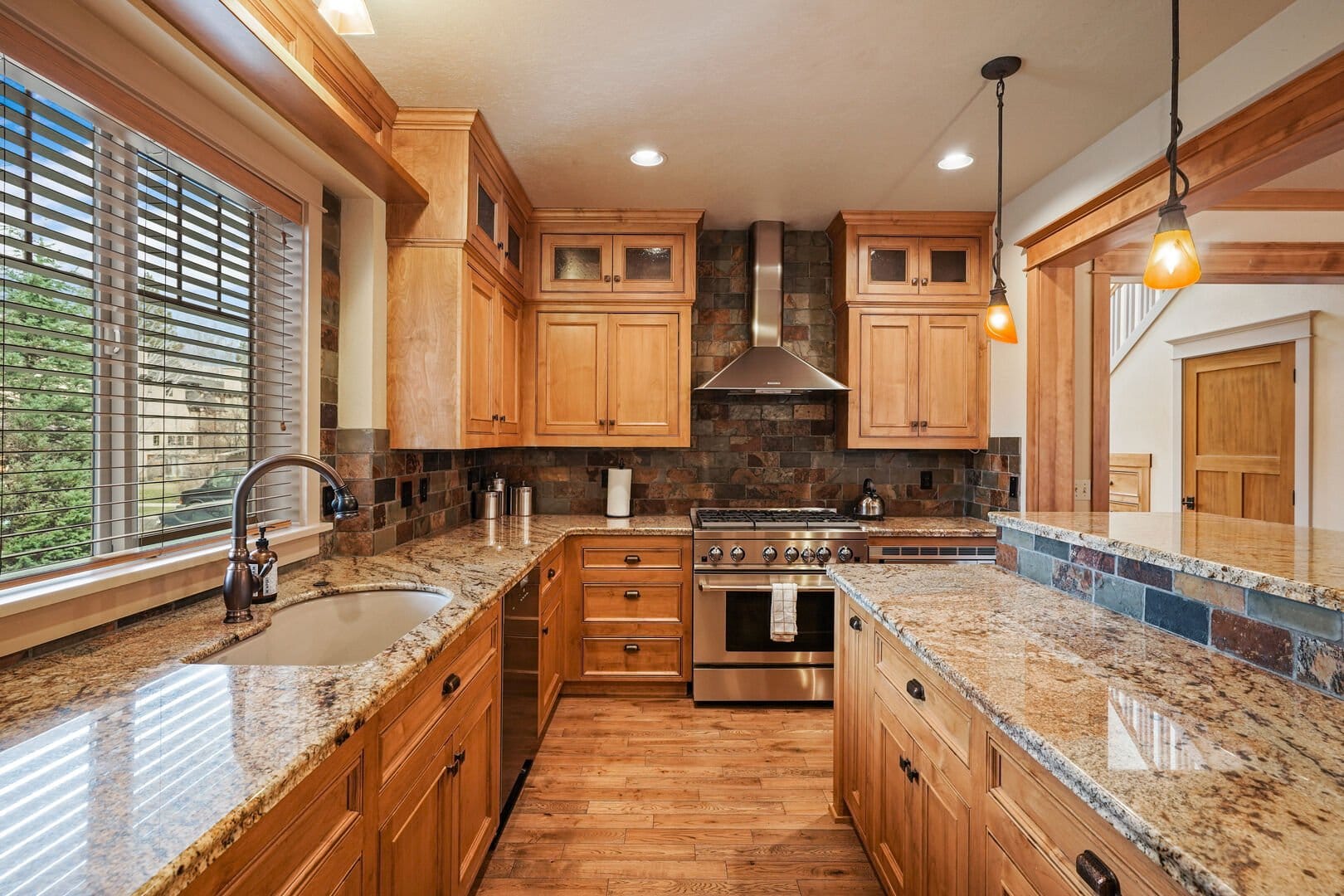 Modern kitchen with wooden cabinetry.