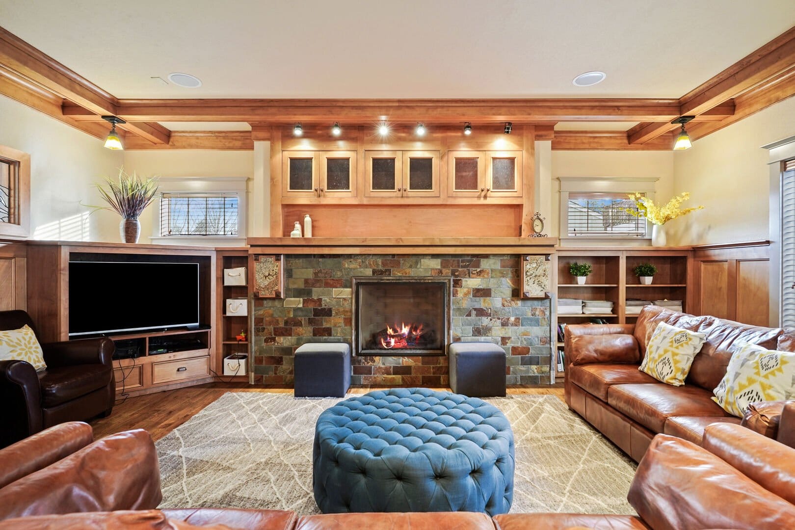 Cozy living room with fireplace.