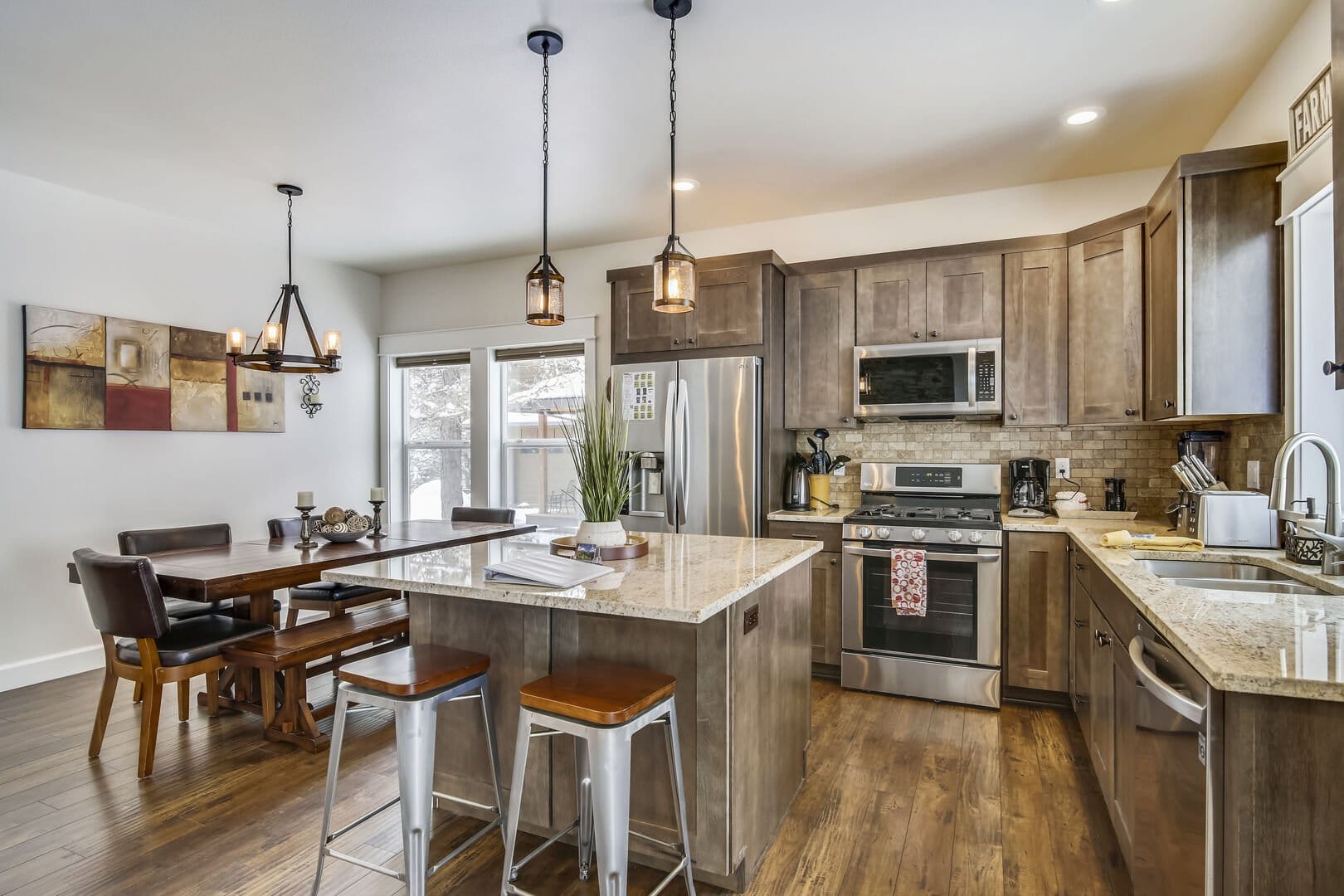 Modern kitchen and dining area.