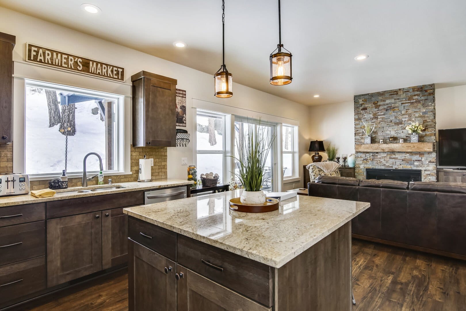 Modern kitchen and living room interior.