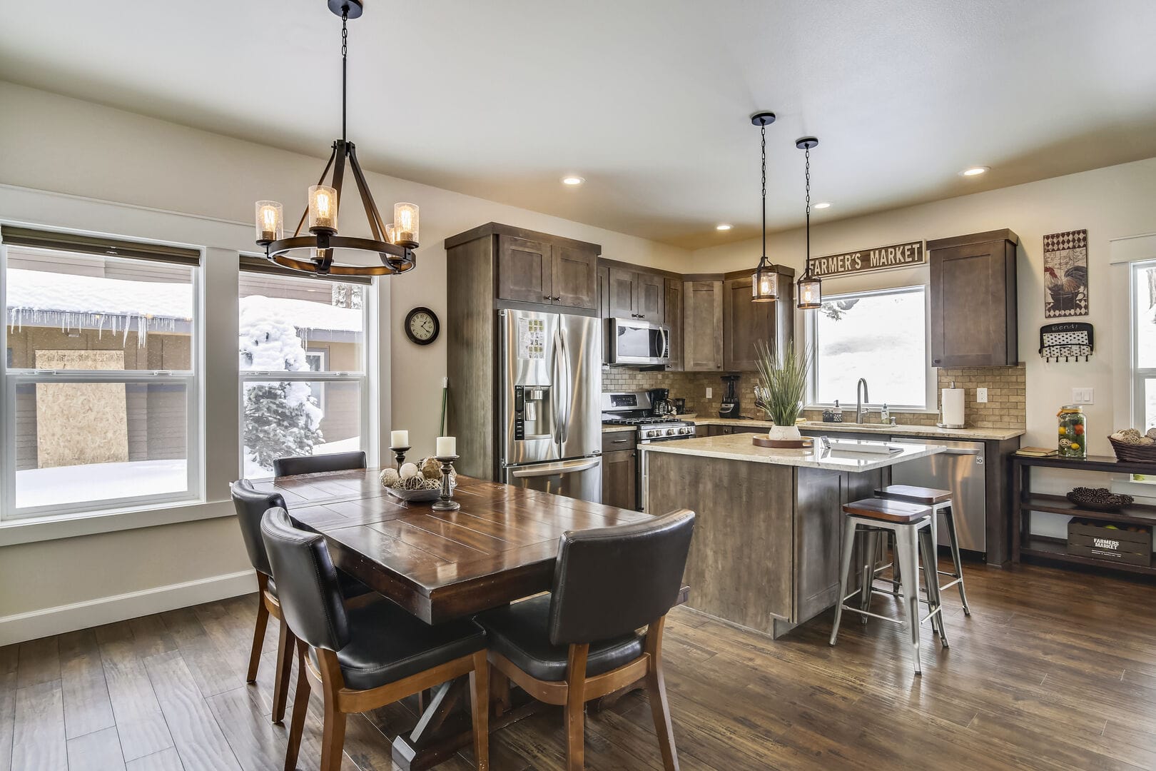 Modern kitchen and dining area.