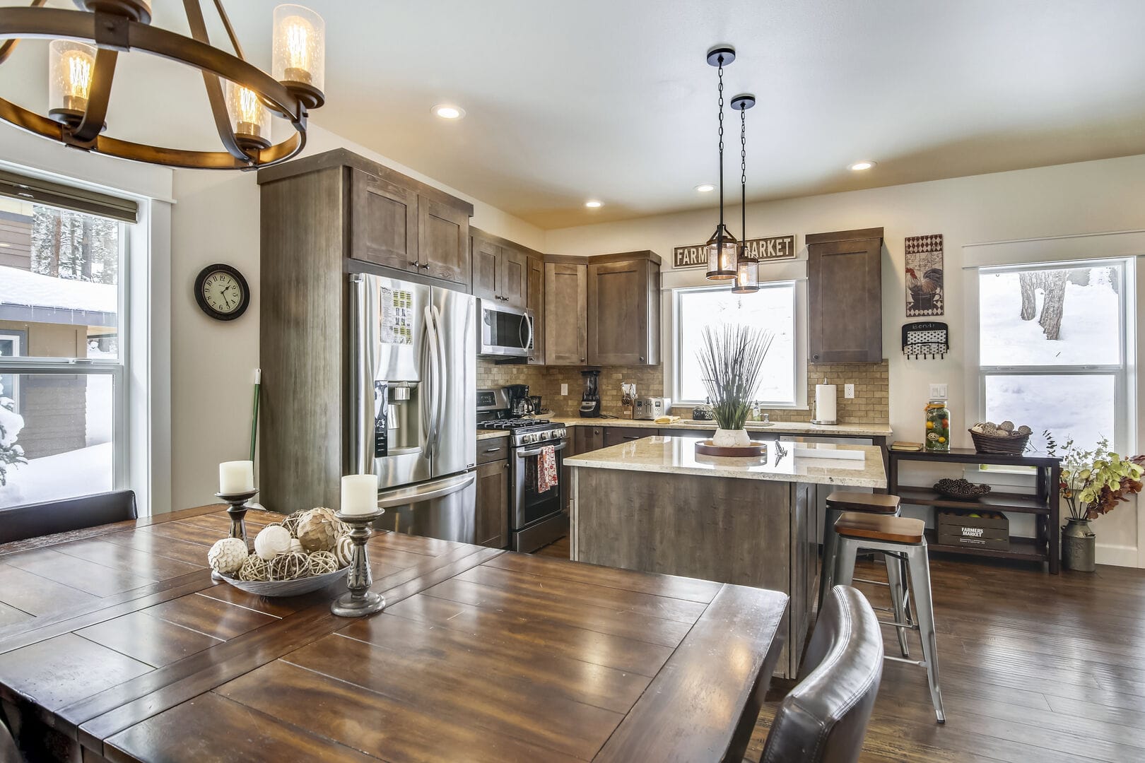 Modern kitchen and dining area.