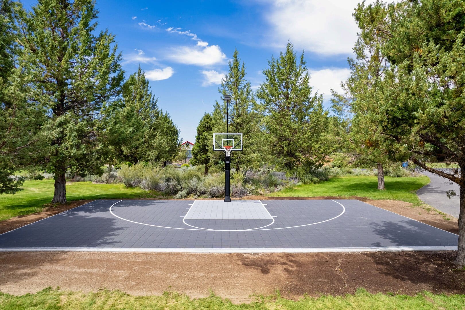 Outdoor basketball court surrounded by trees.