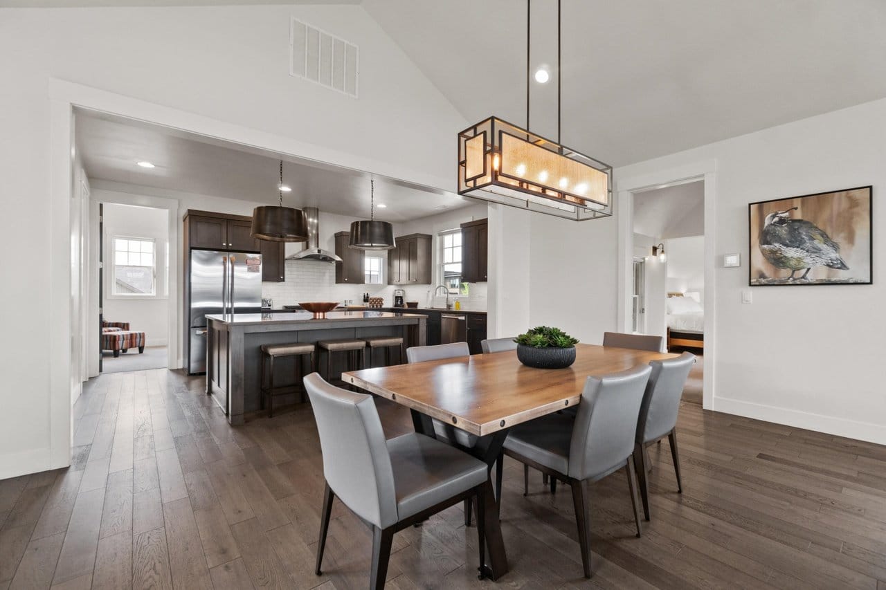 Modern dining room and kitchen area.