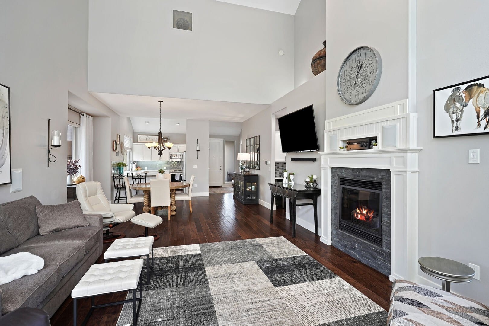 Modern living room with fireplace.